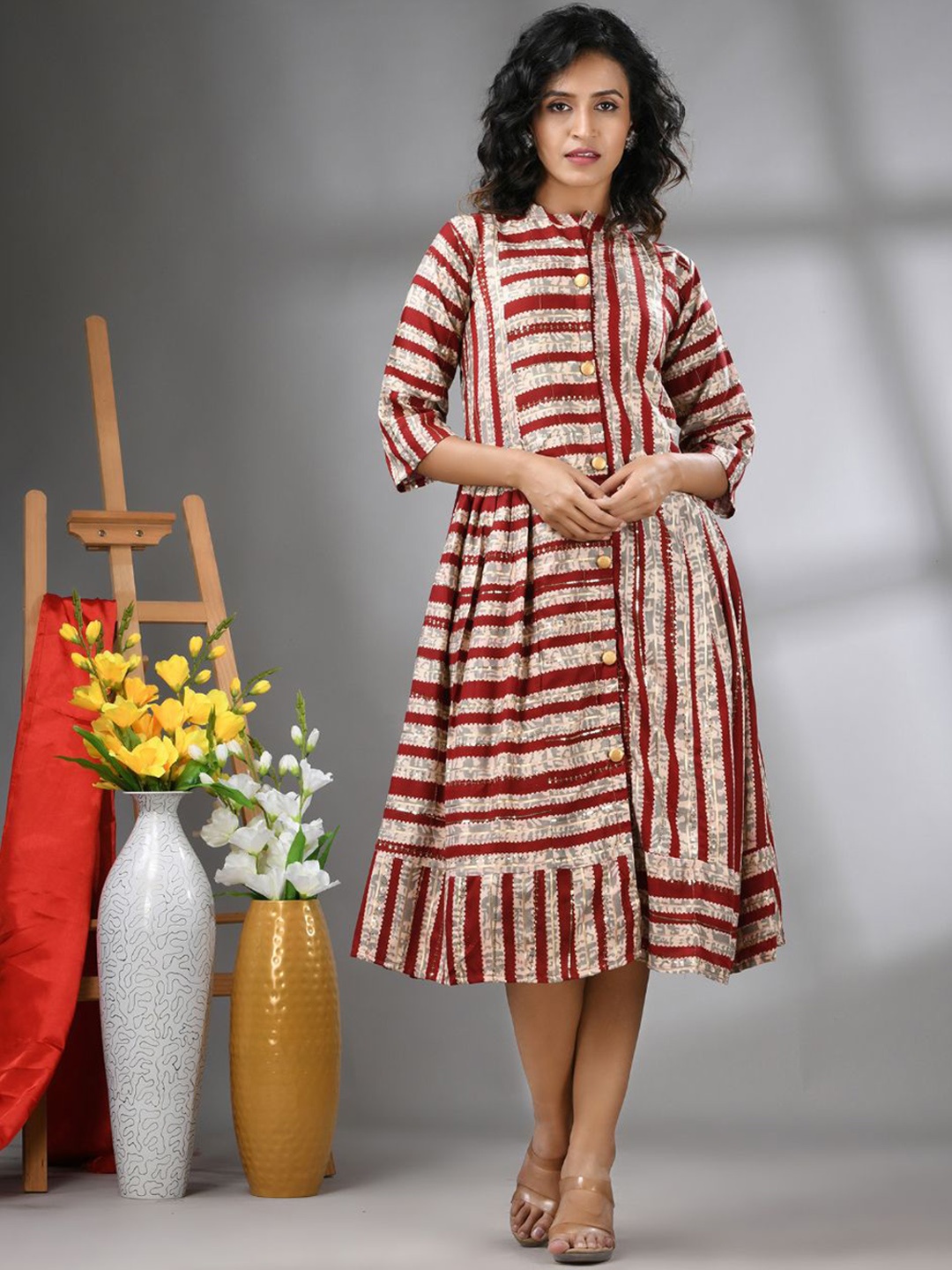 

Charukriti Striped Fit & Flare Ethnic Midi Dresses, Maroon
