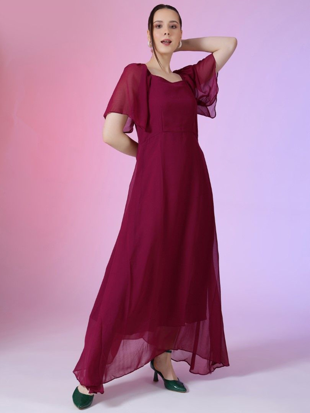 

Femvy Solid Bell Sleeve Fit & Flare Maxi Dress, Magenta