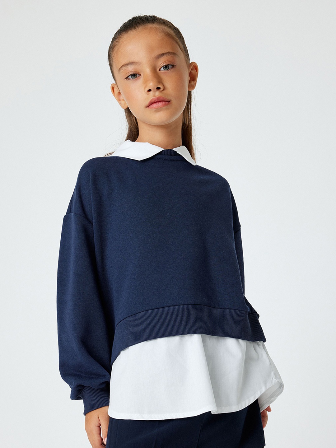 

Koton Girls Solid Shirt Collar Cotton Pullover Sweatshirt, Navy blue