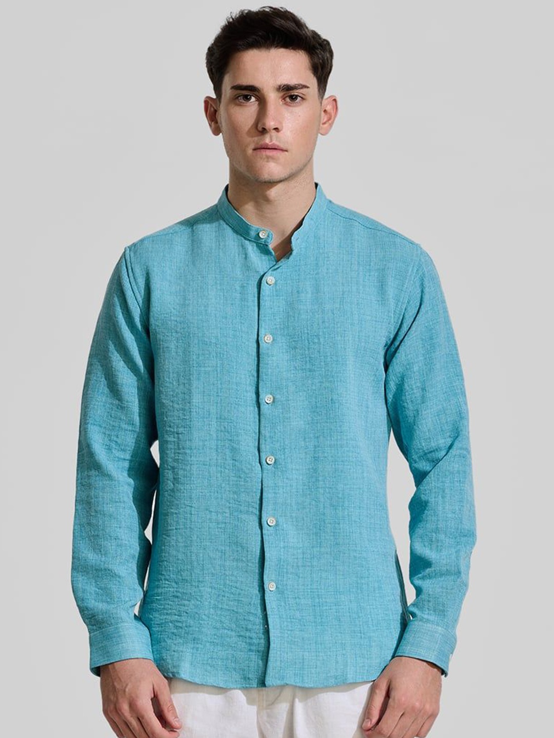 

Snitch Men Smart Band Collar Solid Casual Shirt, Turquoise blue