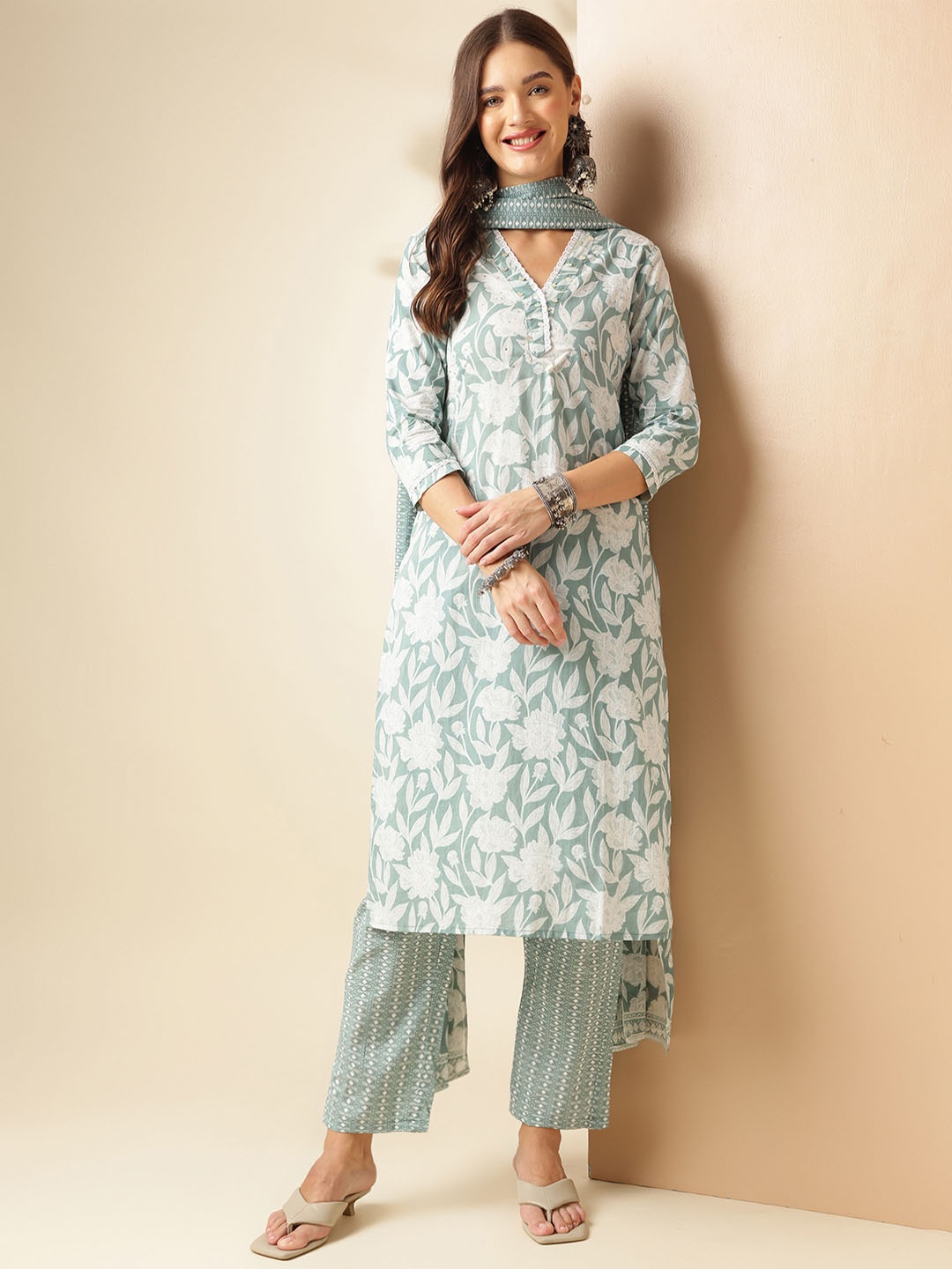 

Anouk Green and White Floral Printed Pure Cotton Straight Kurta with Trouser & Dupatta