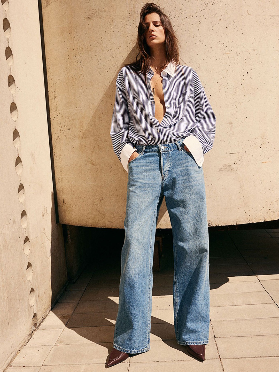 

H&M Women Pure Cotton Wide Jeans, Blue
