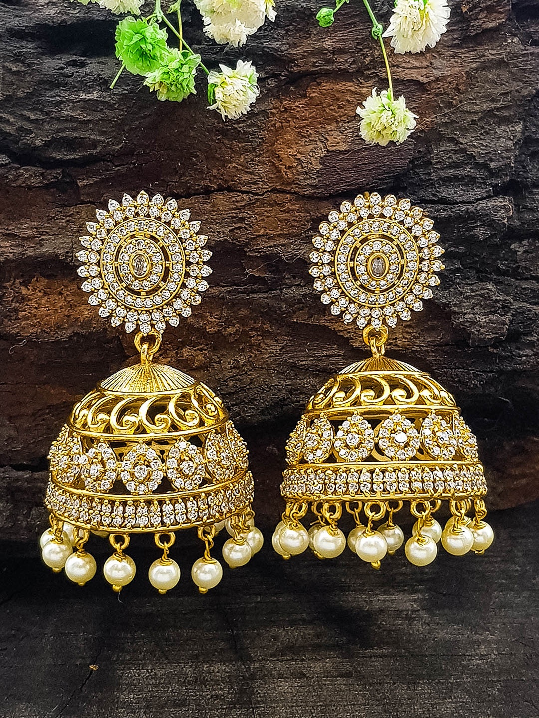 

GRIIHAM Gold-Plated Cubic Zirconia Dome Shaped Jhumkas