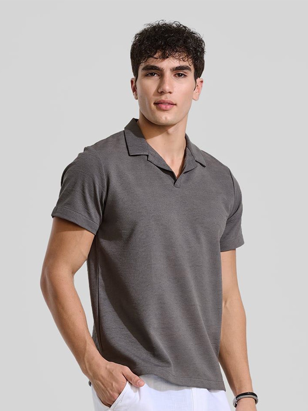 

Snitch Men Self Design Polo Collar T-shirt, Grey