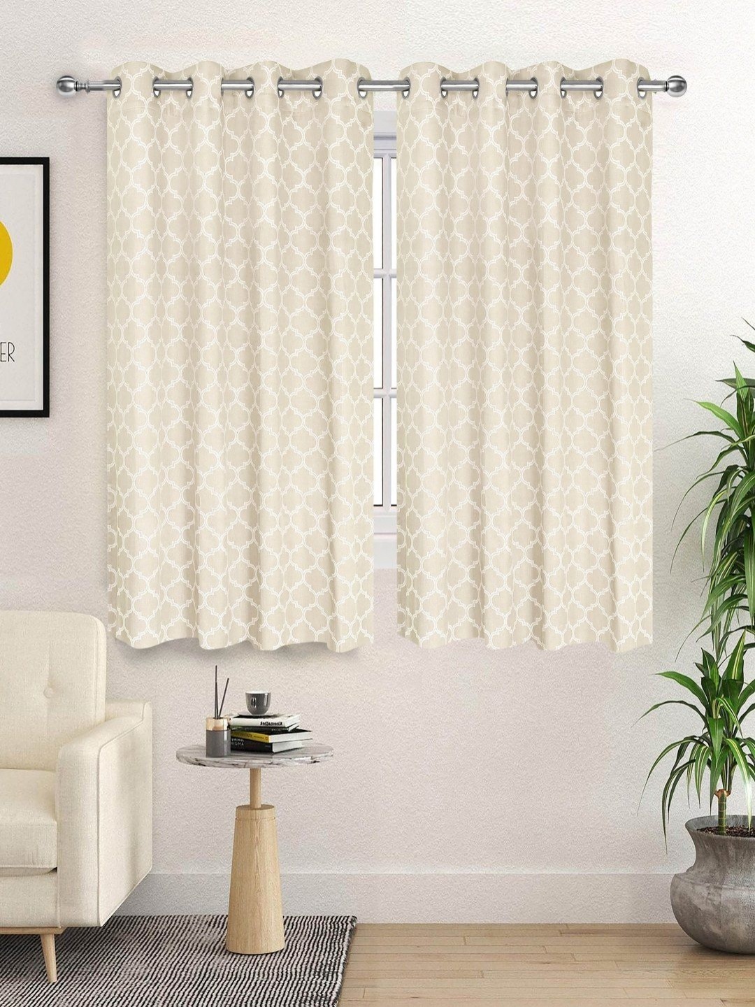 

Saral Home White 2 Pieces Geometric Woven Design Cotton Room Darkening Window Curtains