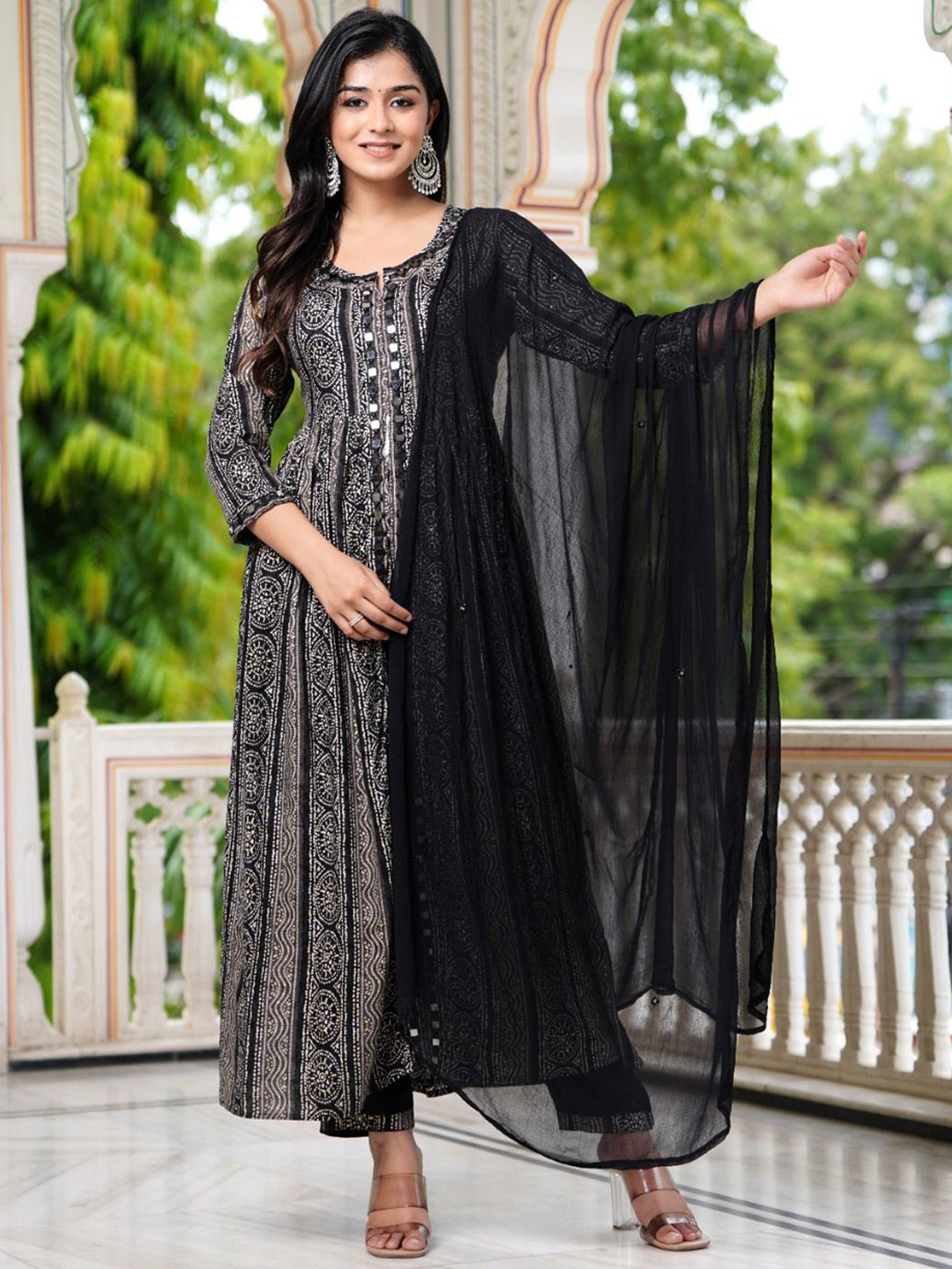 

Hatheli Women Ethnic Motifs Printed Pleated Mirror Work Kurta with Trousers & With Dupatta, Black