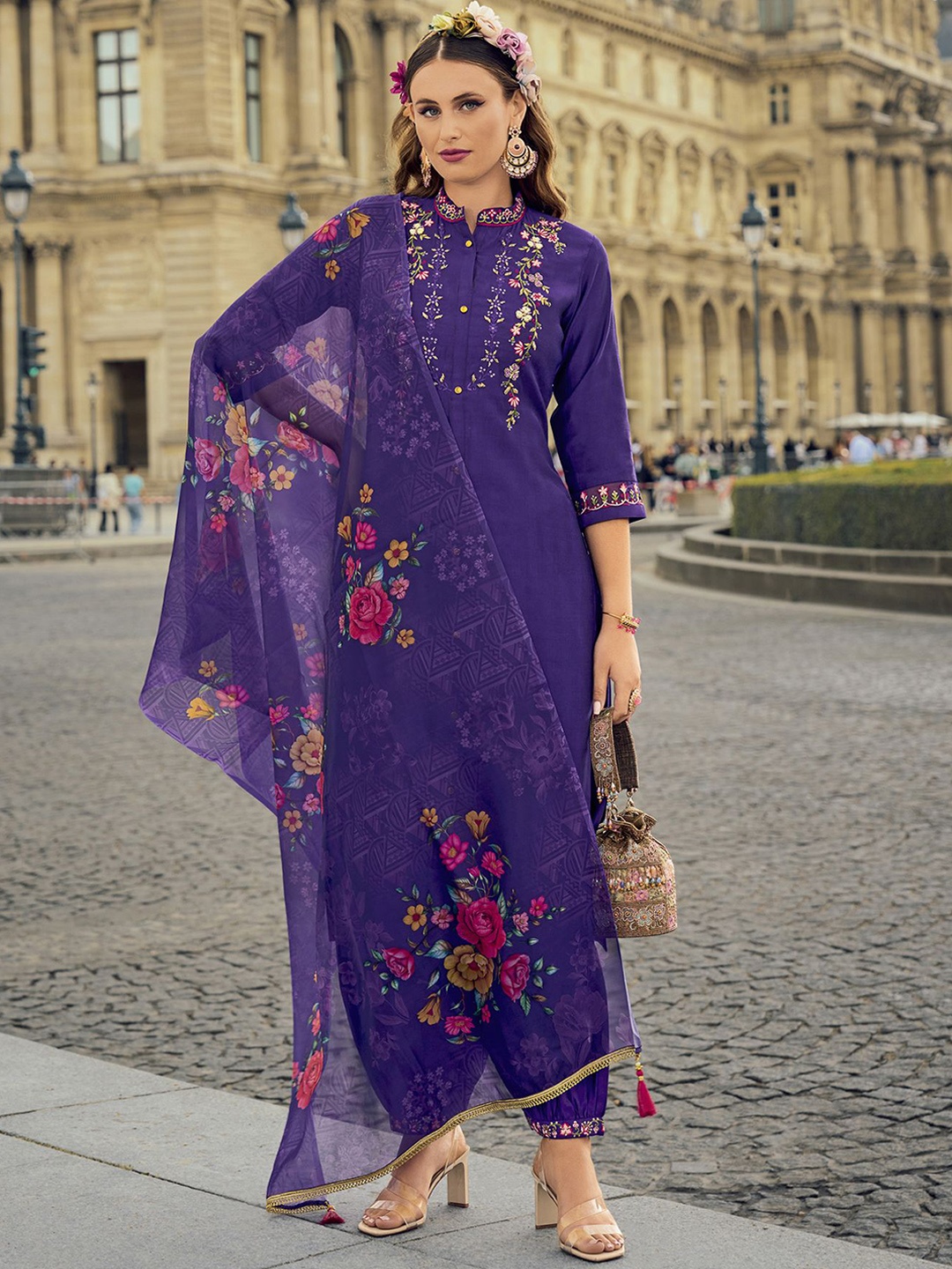 

MOJILAA Women Floral Embroidered Beads and Stones Kurta with Salwar & With Dupatta, Purple