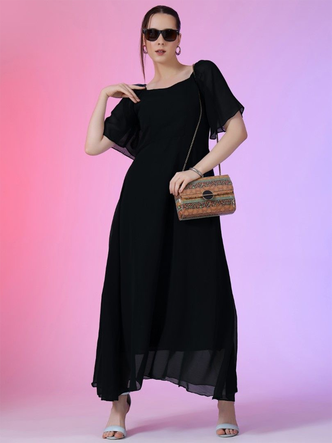 

Femvy Bell Sleeve Georgette Maxi Dress, Black