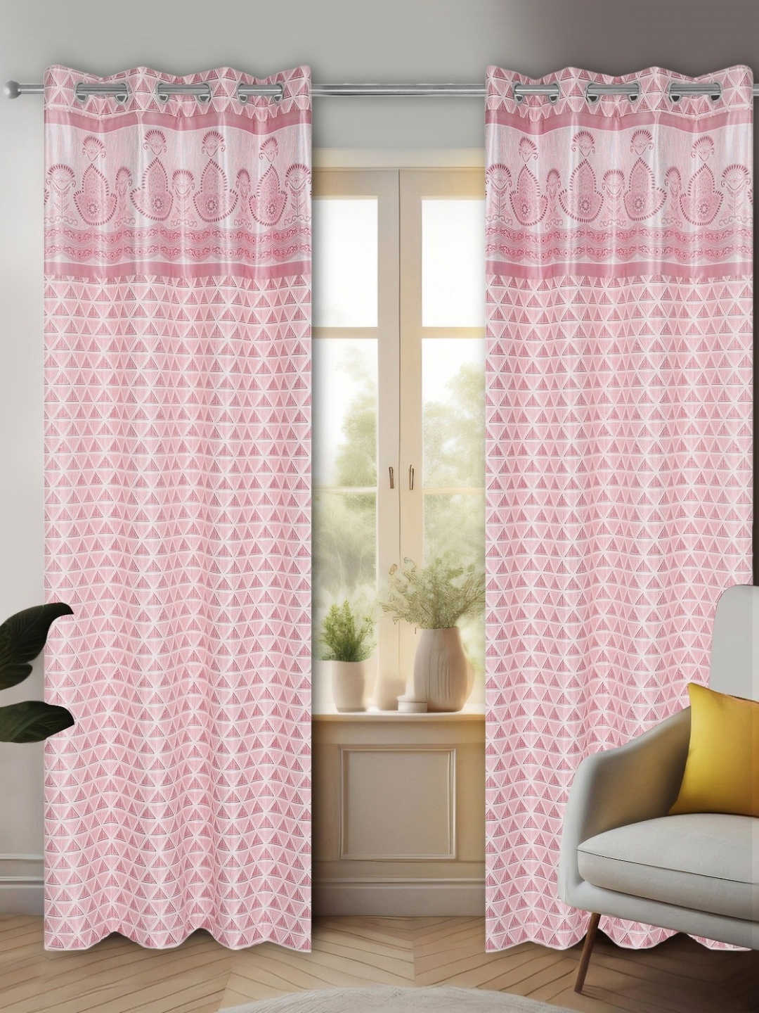 

REYANSH DECOR Pink & White 2 Pieces Floral Room Darkening Door Curtains