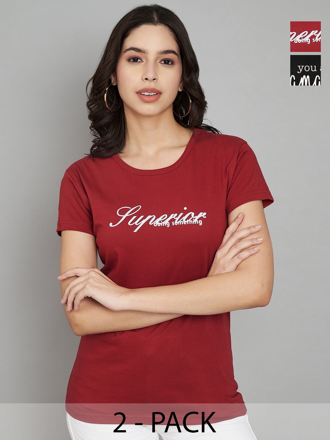 

Trend Level Women Pack Of 2 Typography Printed Round Neck Cotton T-shirts, Black