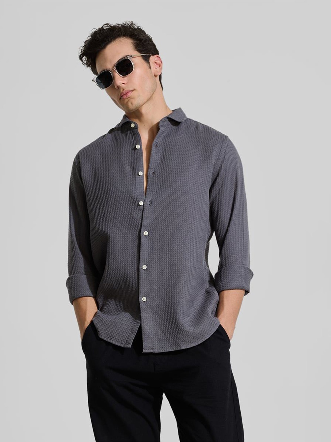 

Snitch Men Smart Spread Collar Textured Cotton Casual Shirt, Charcoal