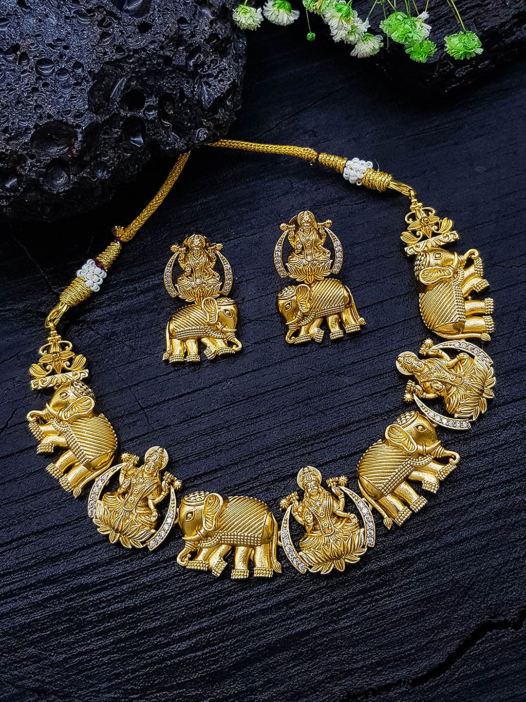 

GRIIHAM Gold-Plated CZ-Stone Studded Temple Necklace & Earrings