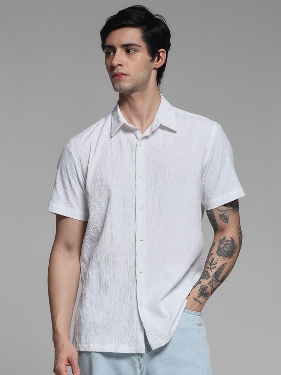 

Jack & Jones Men Cutaway Collar Textured Relaxed Fit Casual Shirt, White