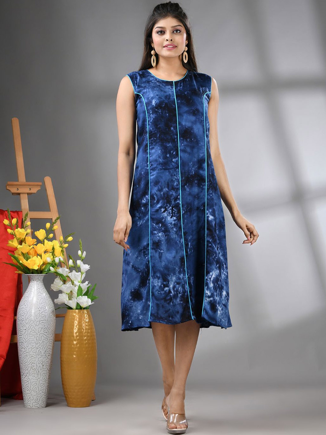 

Charukriti Abstract Printed Sleeveless A-line Midi Ethnic Dress, Navy blue