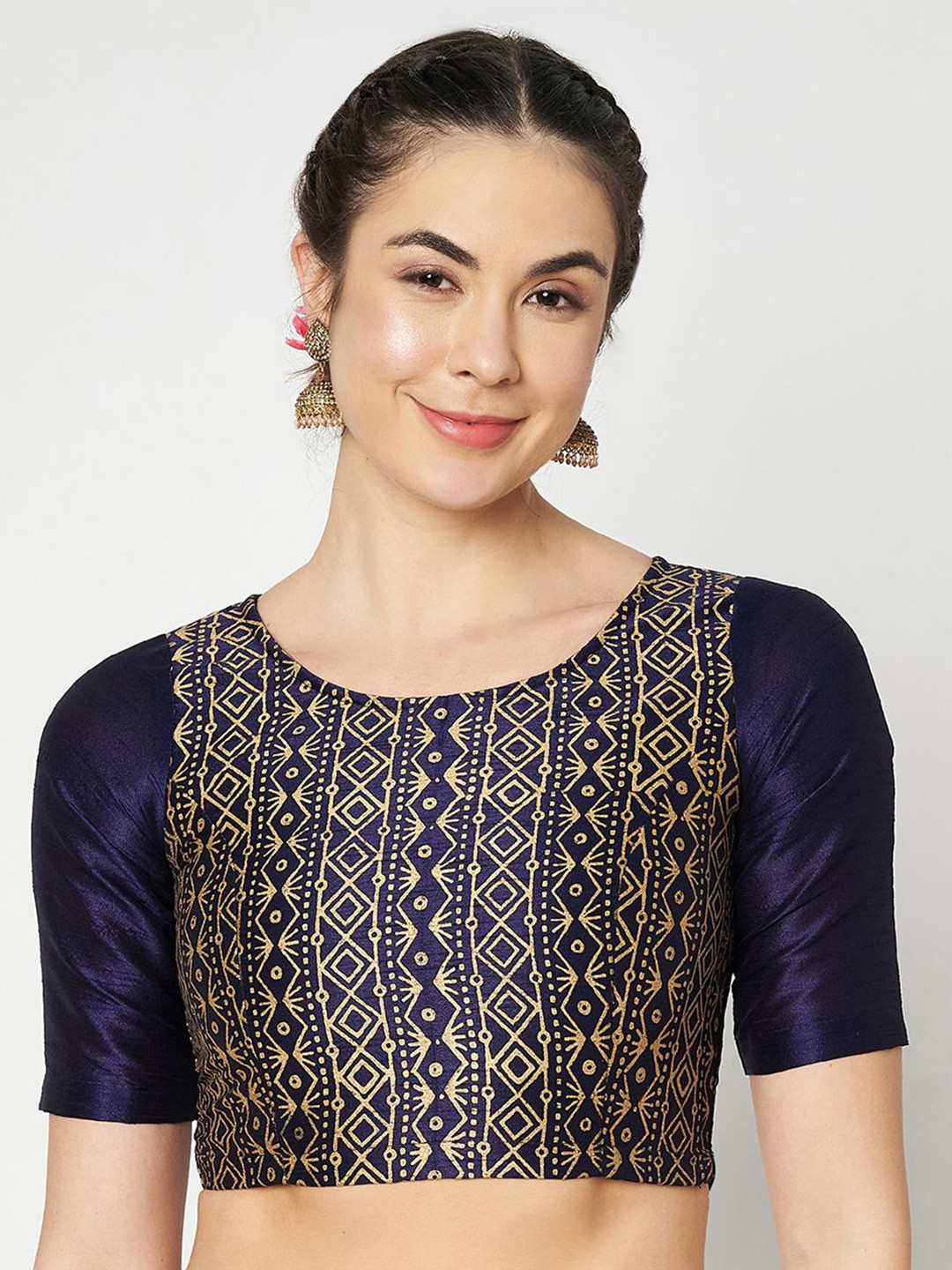 

studio rasa Women Geometric Printed Round Neck Silk Blend Top, Navy blue