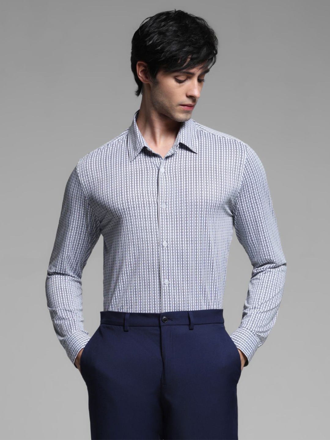 

Jack & Jones Men Spread Collar Vertical Striped Slim Fit Casual Shirt, White