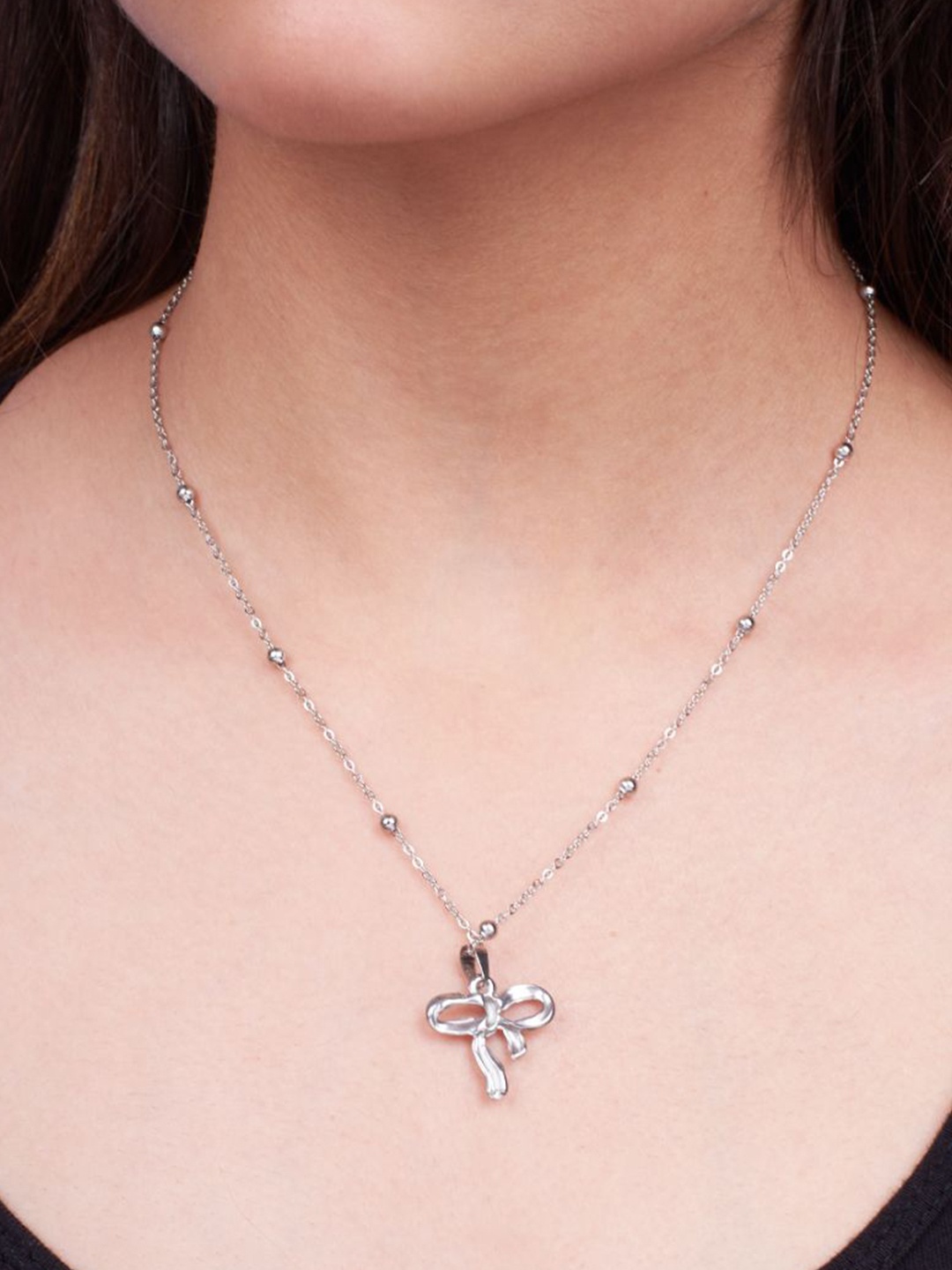 

SALTY Ribbon Charm Contemporary Pendant With Chain, Silver