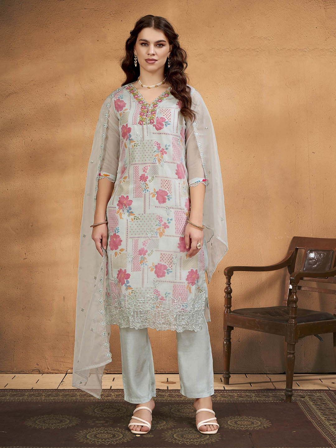 

Anouk Floral Printed Regular Thread Work Organza Straight Kurta With Trouser With Dupatta, Grey