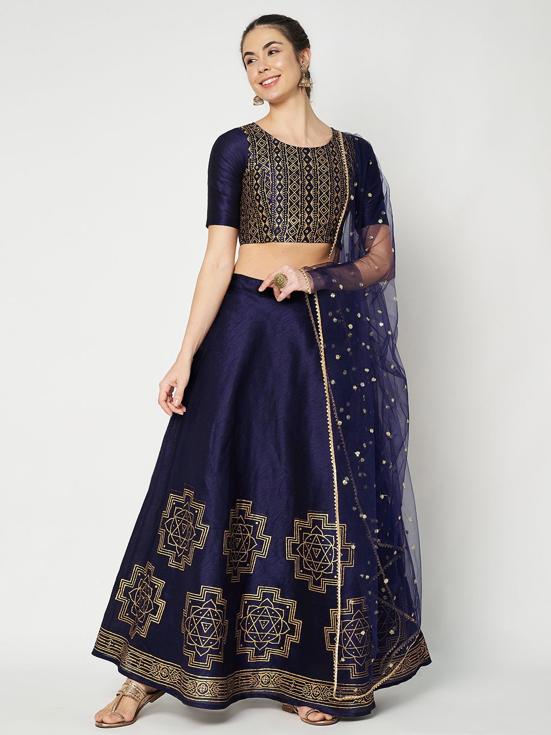 

studio rasa Women Block Printed Ready to Wear Lehenga & Blouse With Dupatta, Navy blue