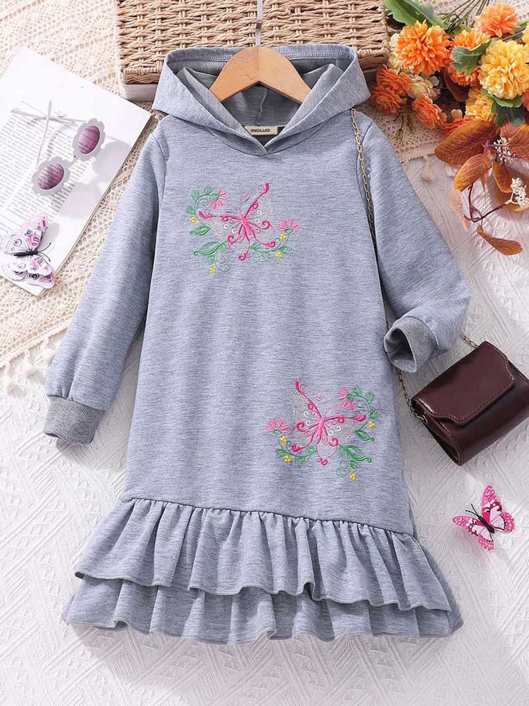 

INCLUD Girls Grey Embroidered Full Sleeves Drop-Waist Dress