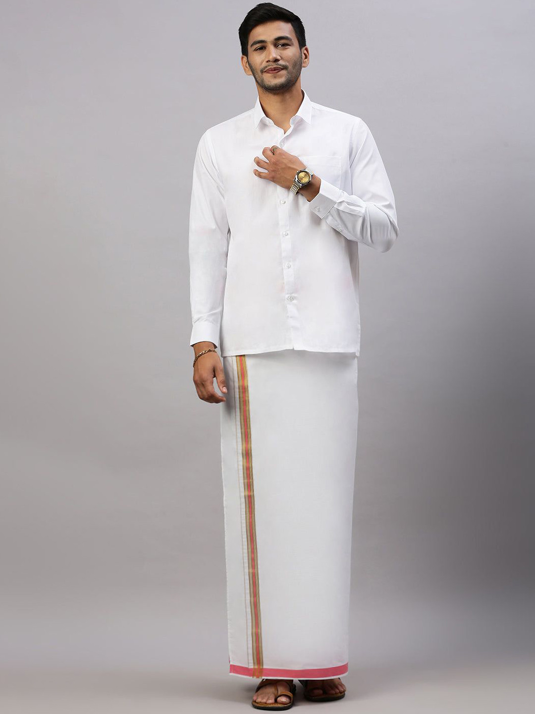 

Ramraj Men Solid Adjustable Slip-On Dhoti with Border, White