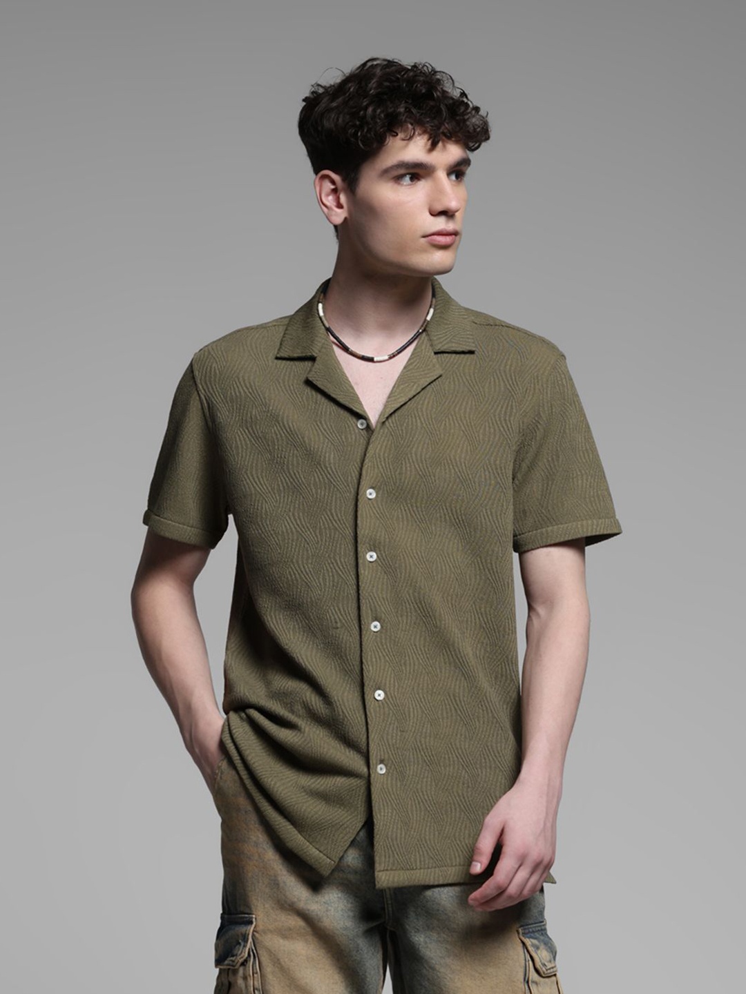 

Jack & Jones Men Cuban Collar Textured Relaxed Fit Casual Shirt, Olive