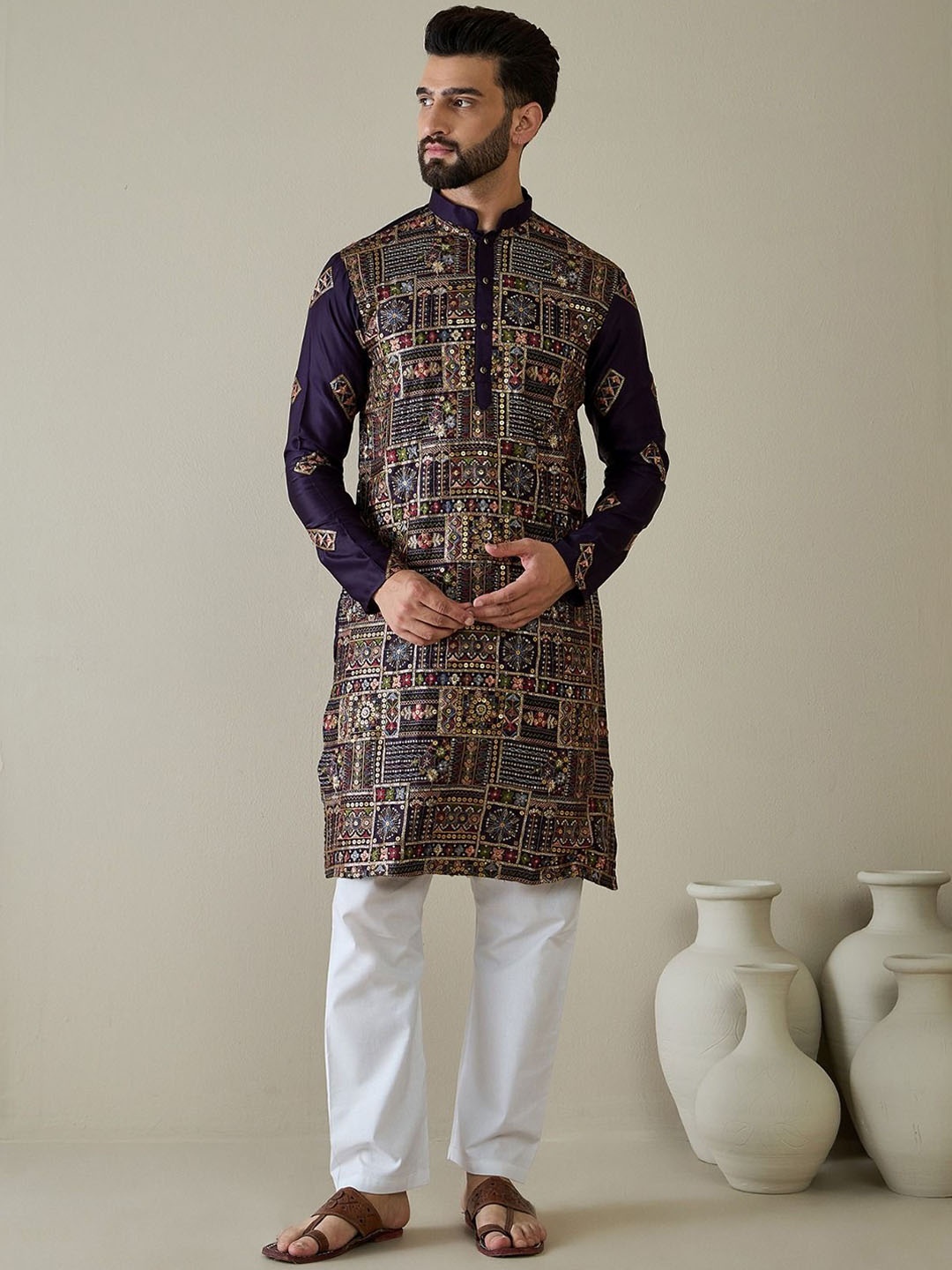 

Anouk Men Ethnic Motifs Embroidered Thread Work Kurta, Purple