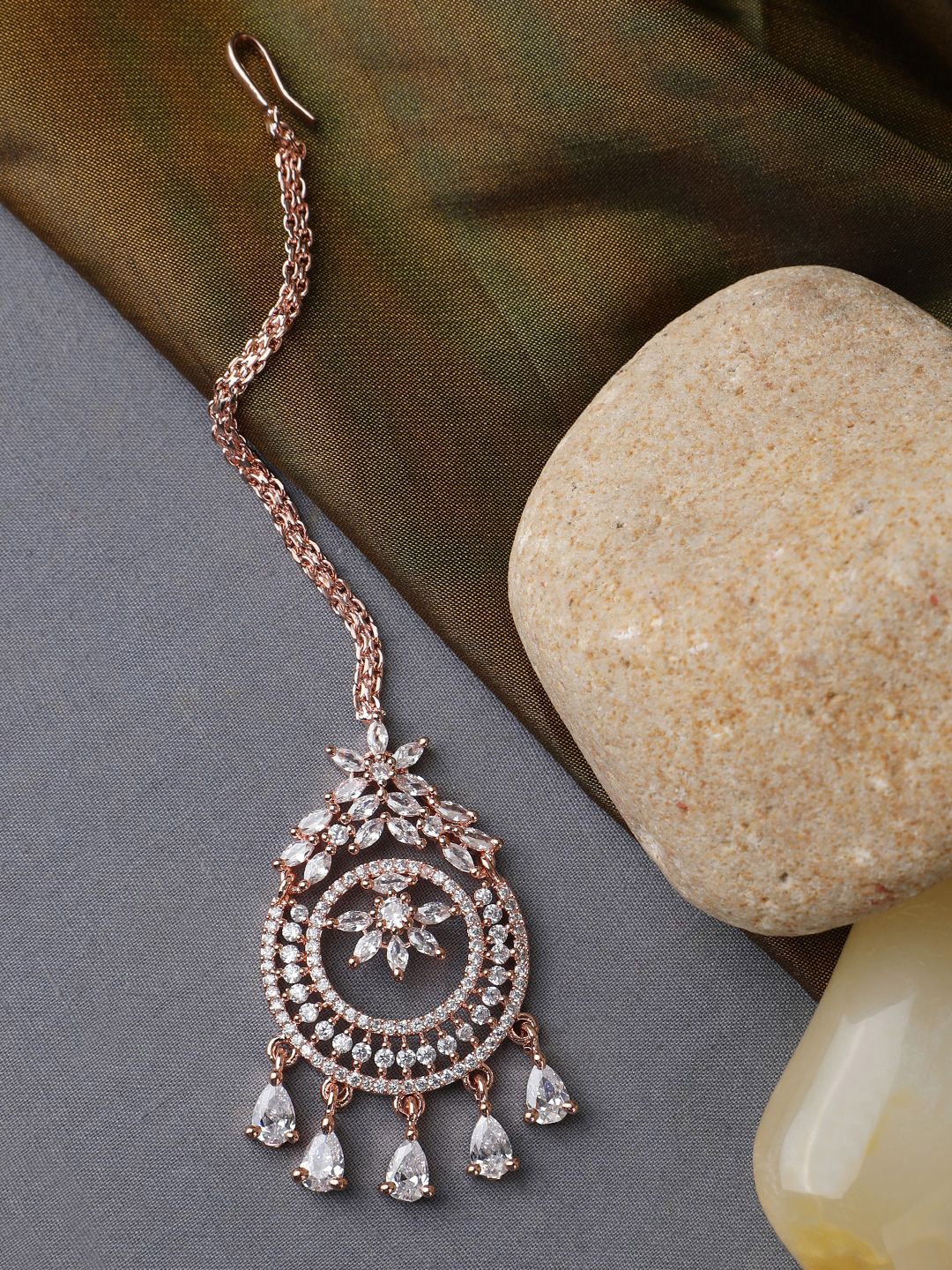 

ANIKAS CREATION Rose Gold-Plated American Diamond Studded Maang Tikka Head Jewellery