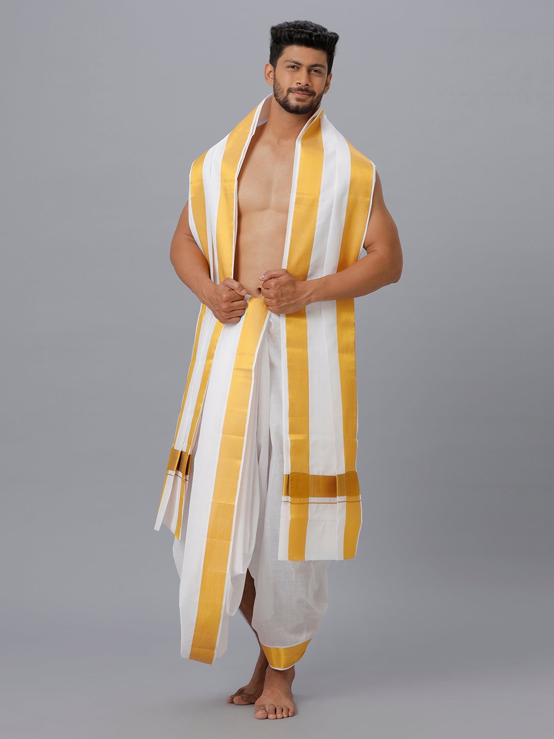 

Ramraj Men Cotton Panchakacham Dhoti with Angavastram, White
