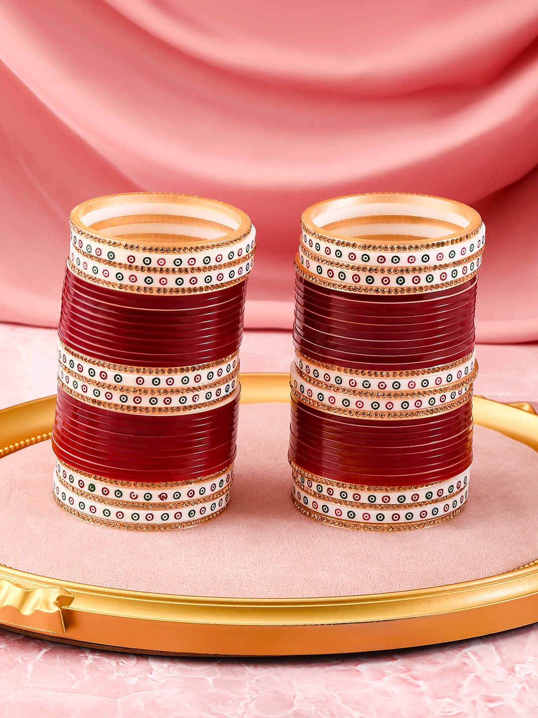 

Rubans Set of 70 Bridal Chura Bangles - Red & White with Multi-Color Stone Detailing