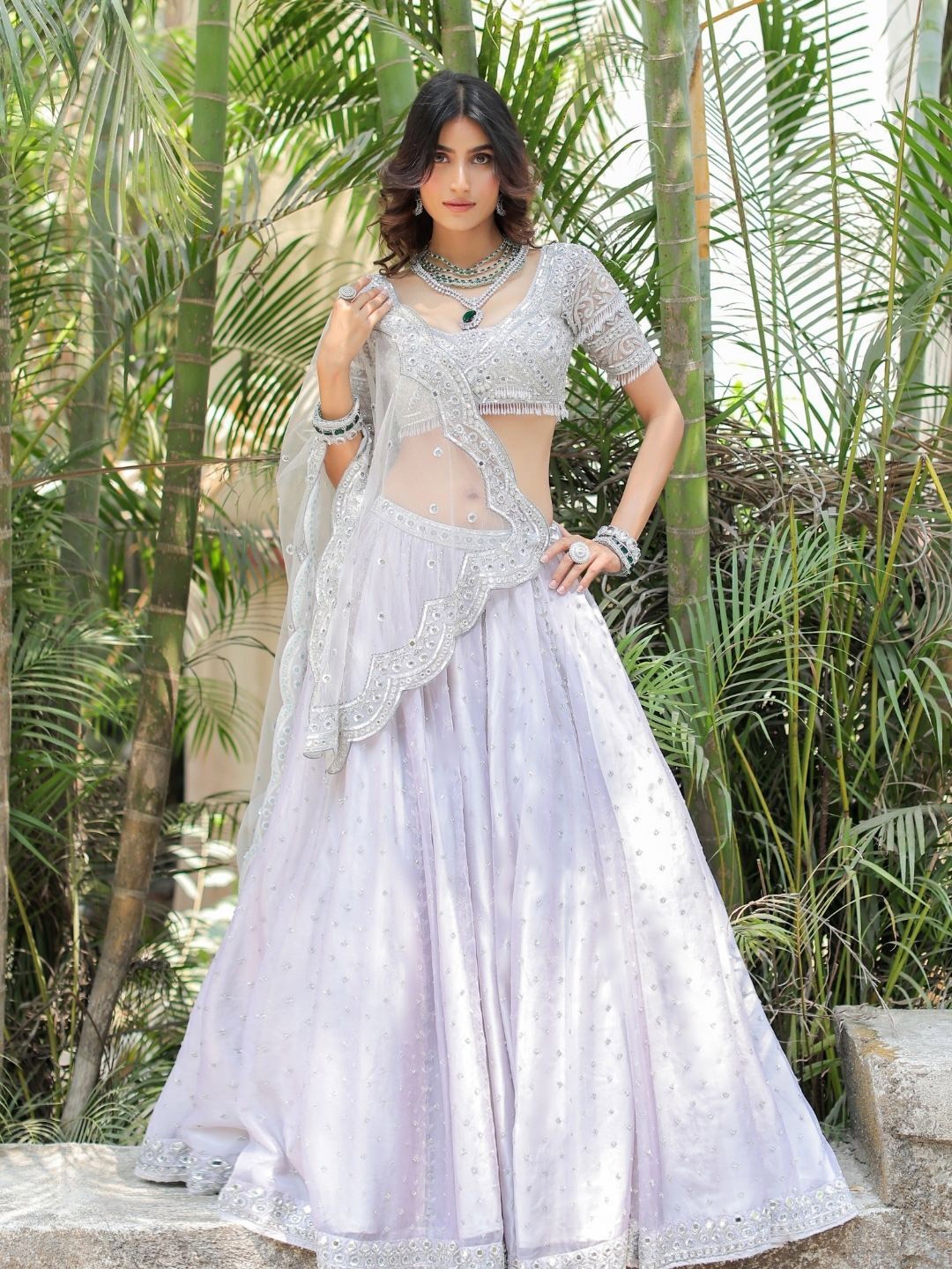 

Foram patel Mirror Embroidered Organza Ready to Wear Lehenga Set, Grey