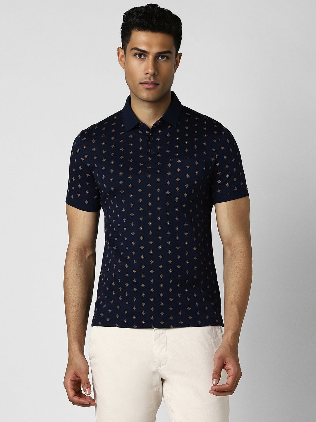 

Van Heusen Men Floral Printed Polo Collar Cotton T-shirt, Navy blue