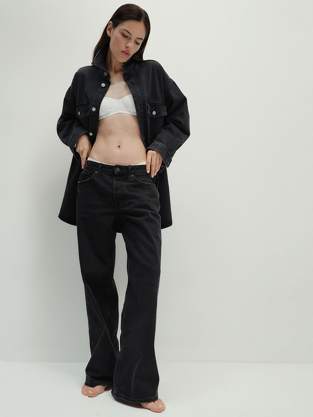 

H&M Women Pure Cotton Baggy Wide Low Jeans, Black
