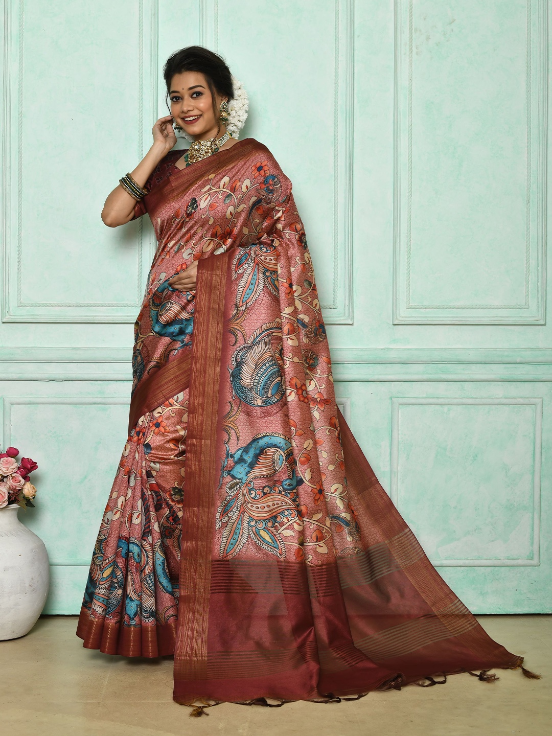 

AWRIYA Kalamkari Zari Tussar Saree, Brown