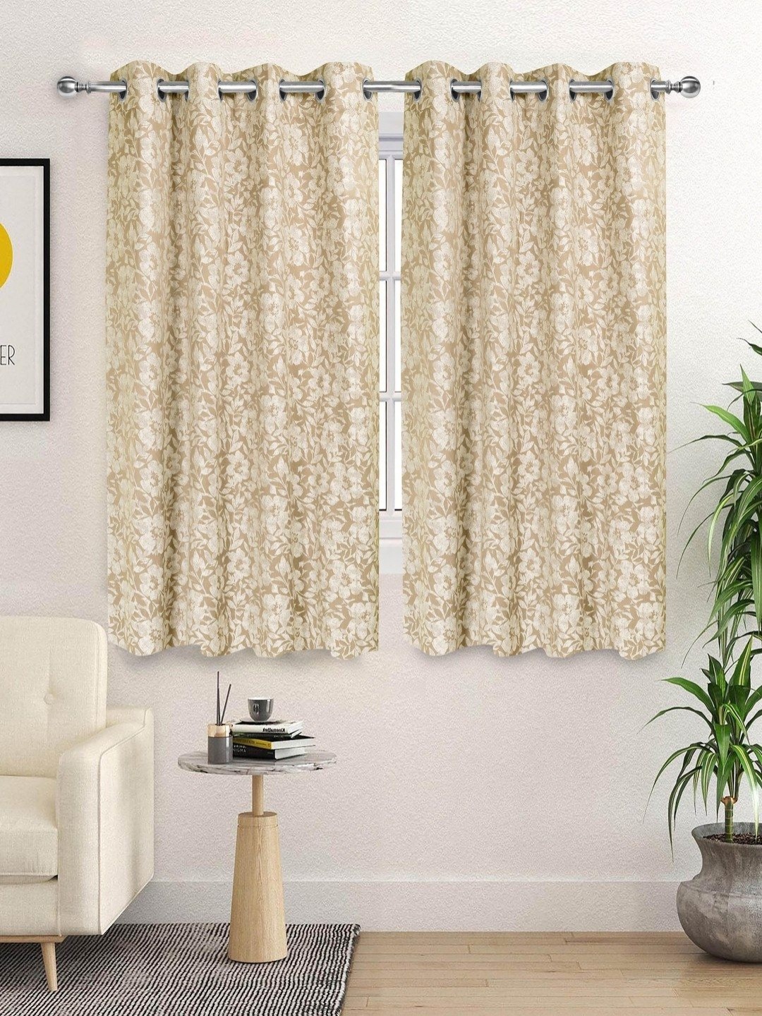 

Saral Home Beige 2 Pieces Floral Woven Design Cotton Room Darkening Window Curtains