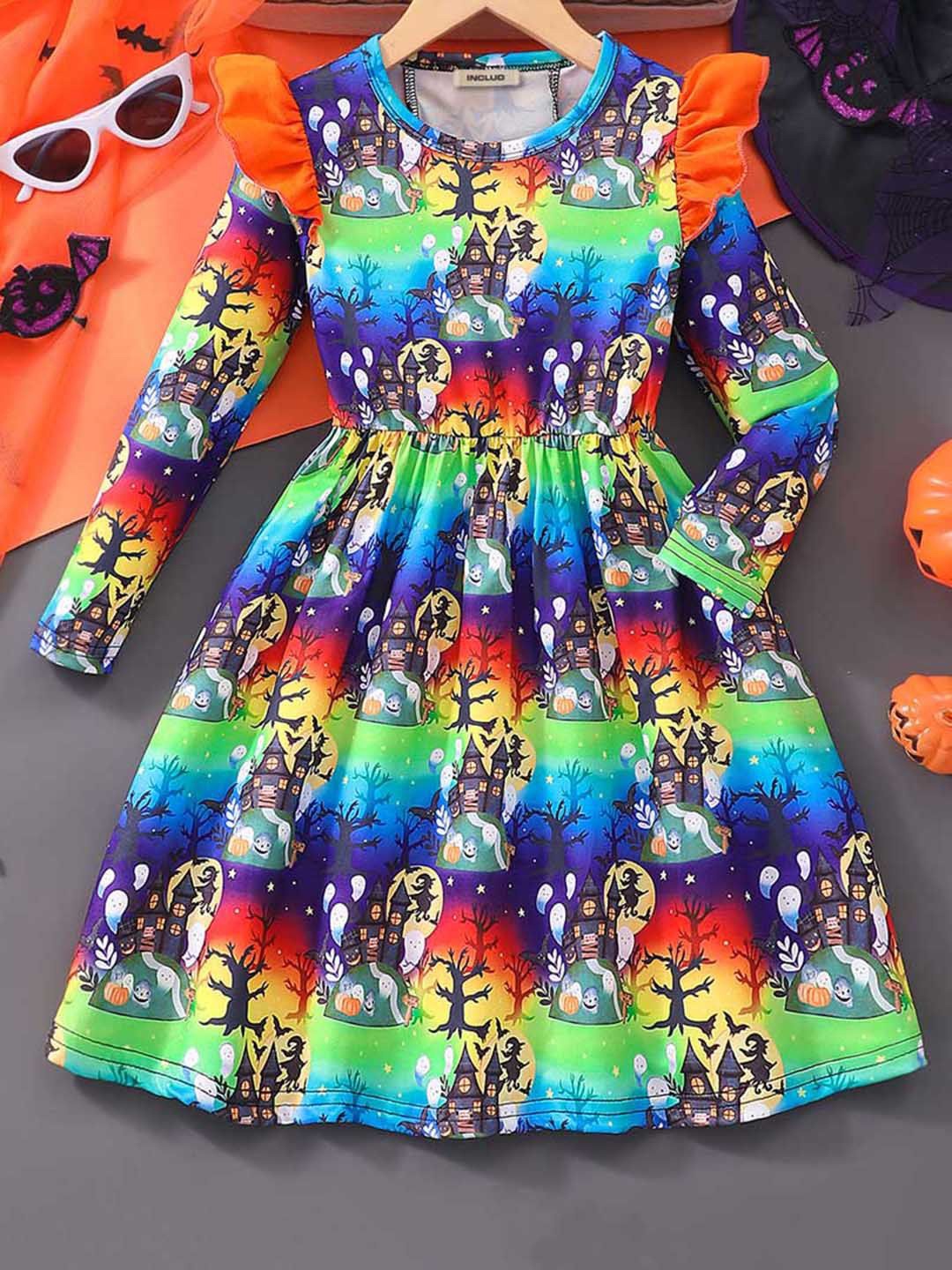 

INCLUD Girls Multicolor Printed Full Sleeves Fit & Flare Dress, Blue