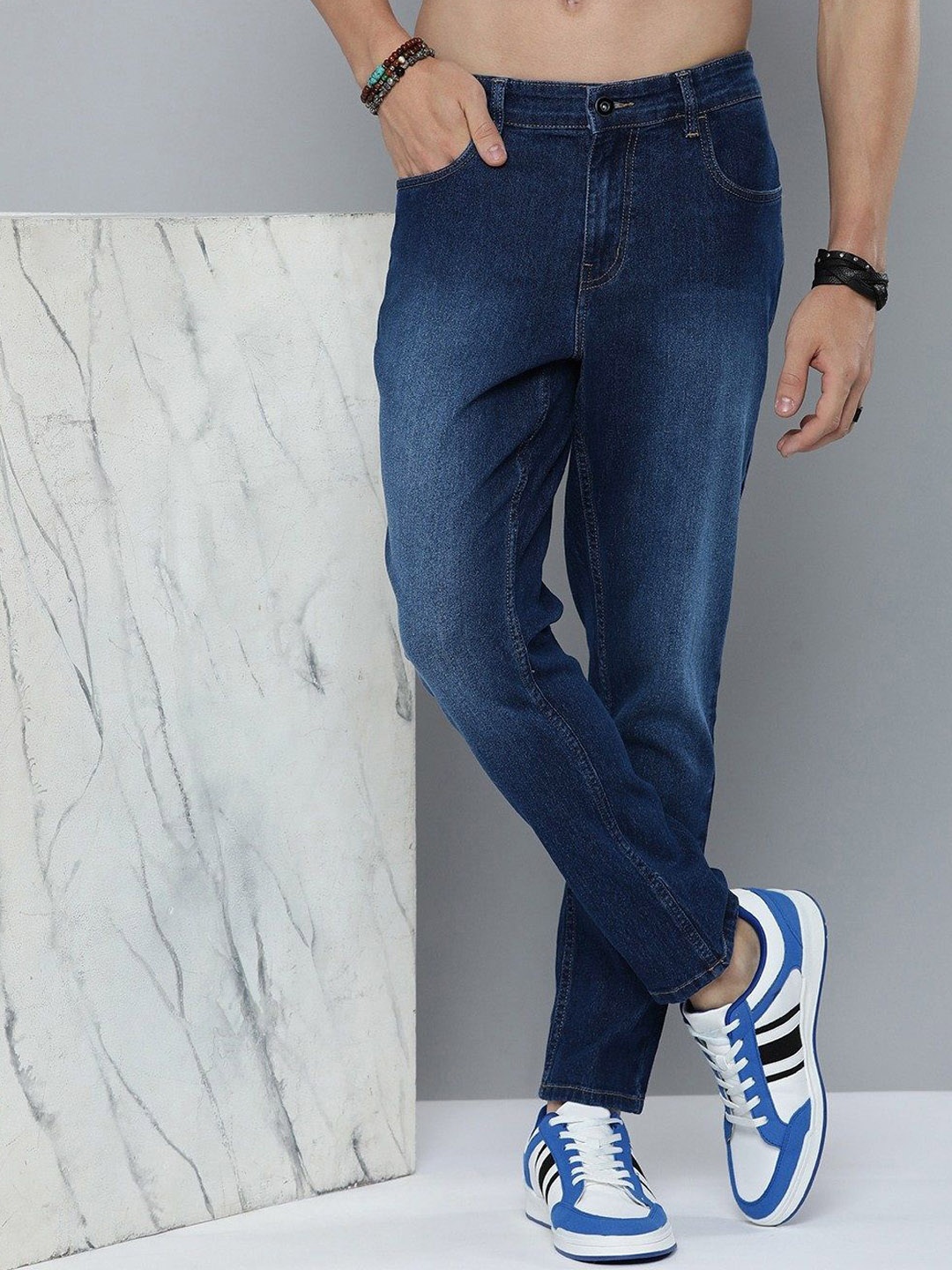 

MEGHZ Men Erik Tapered Fit Light Fade Stretchable Jeans, Navy blue