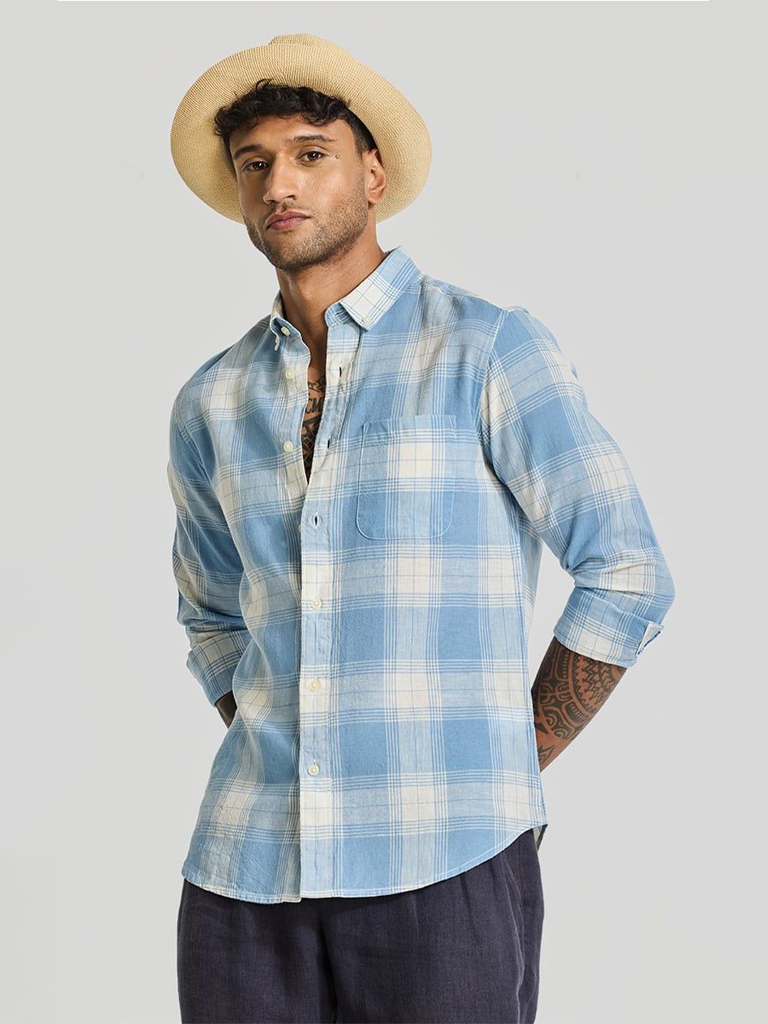 

Snitch Men Smart Button-Down Collar Tartan Checked Linen Casual Shirt, Blue