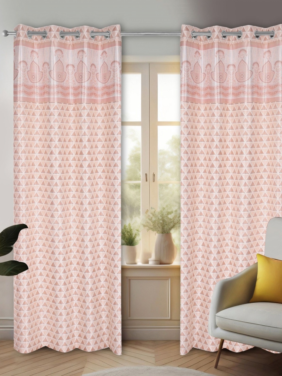 

REYANSH DECOR Peach-Coloured & White 2 Pieces Floral Room Darkening Window Curtains