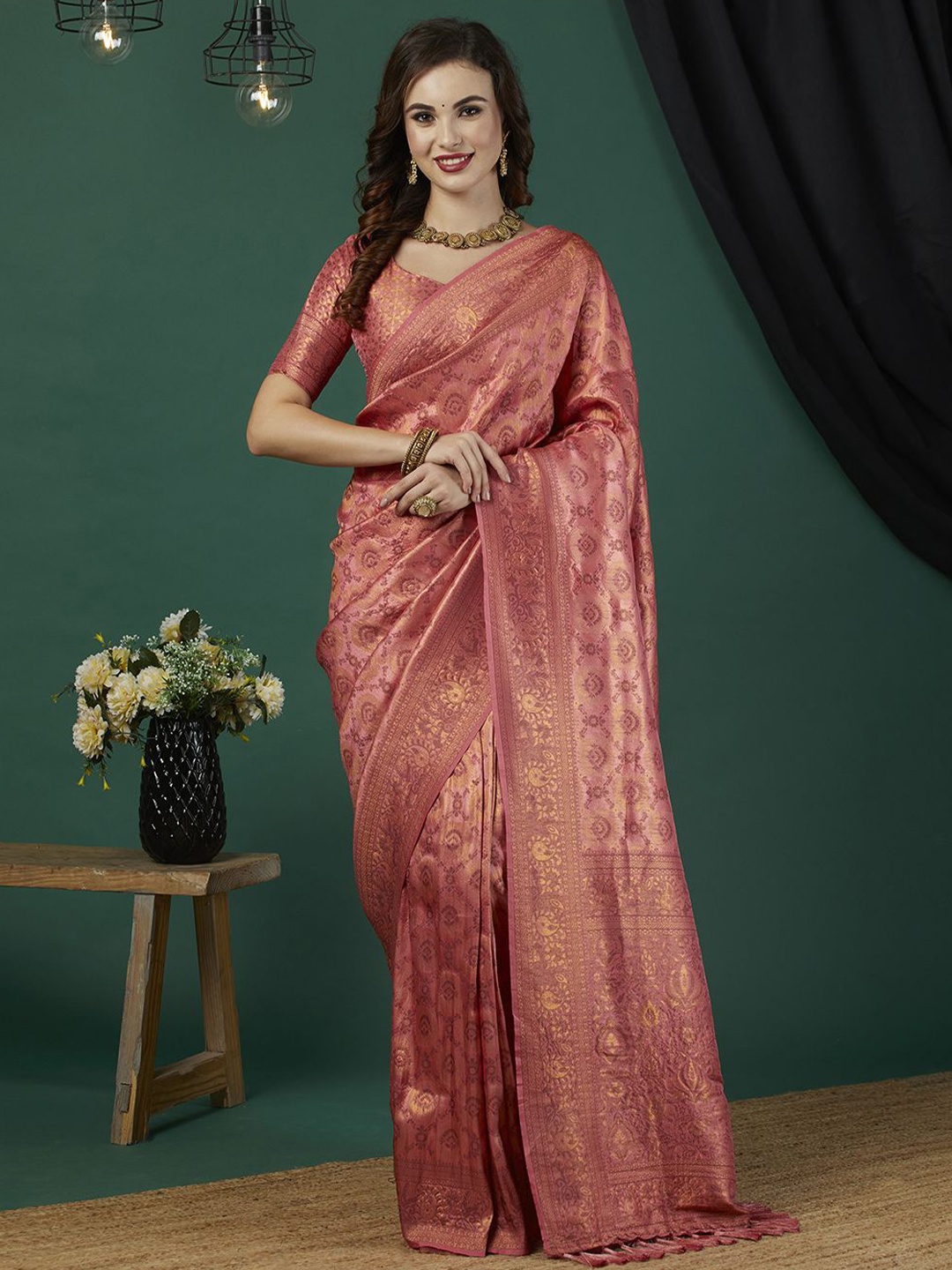 

HI FI NX Ethnic Motifs Zari Pure Silk Kanjeevaram Saree, Peach