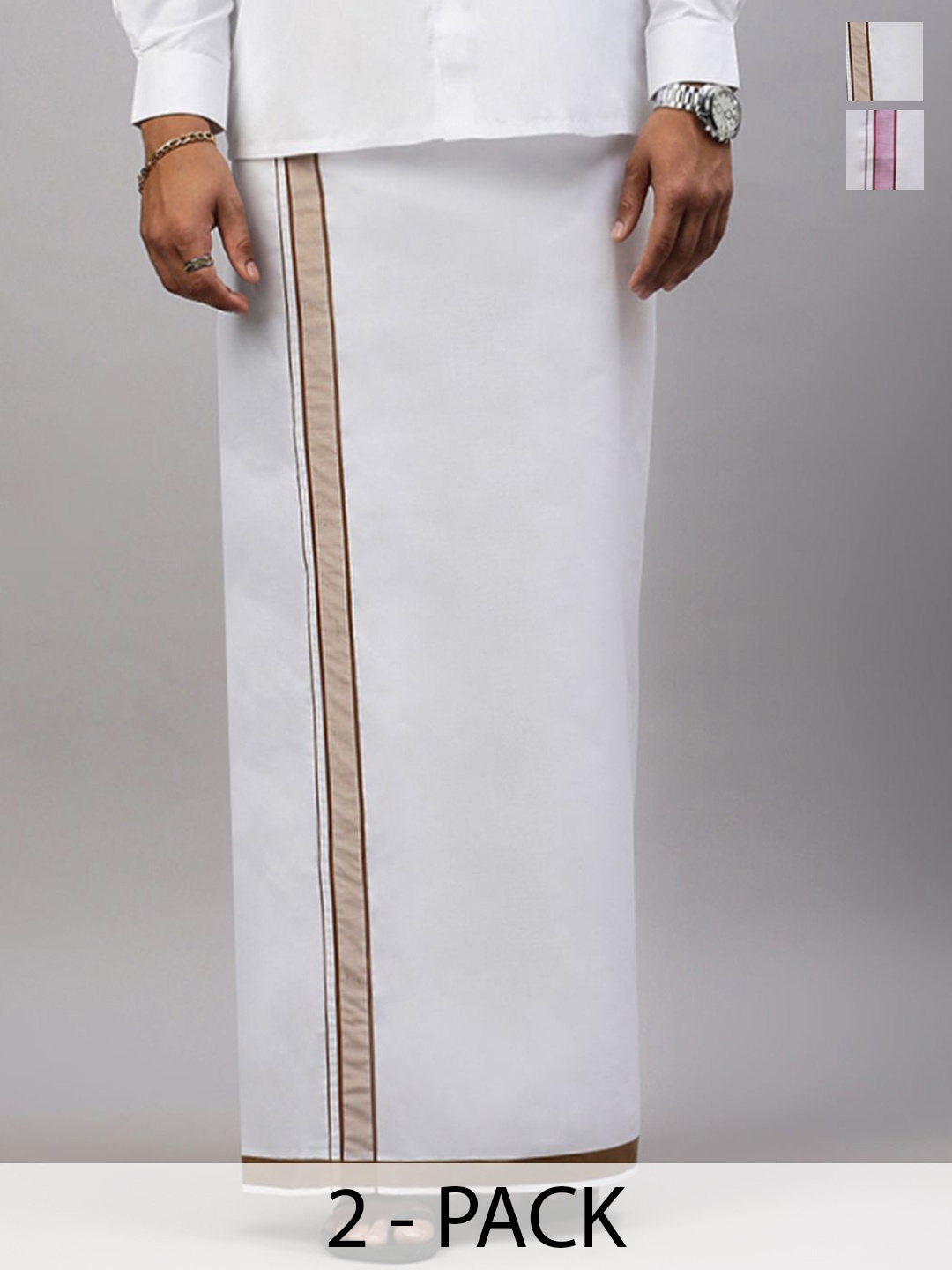 

Ramraj Men Cotton Solid Fancy Border Dhotis Pack Of 2, White