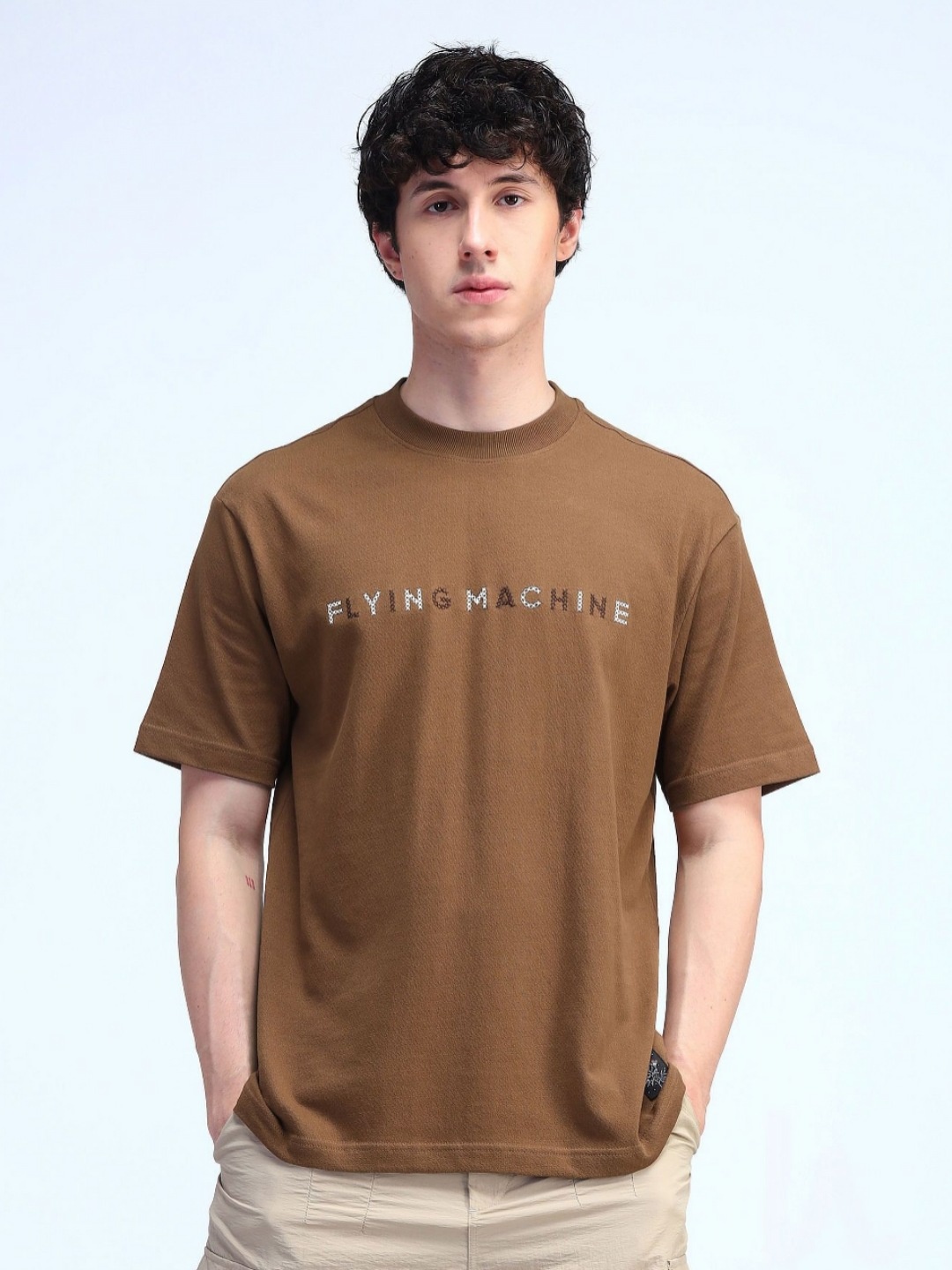 

Flying Machine Men Brand Logo Printed Round Neck Cotton Relaxed Fit T-shirt, Brown