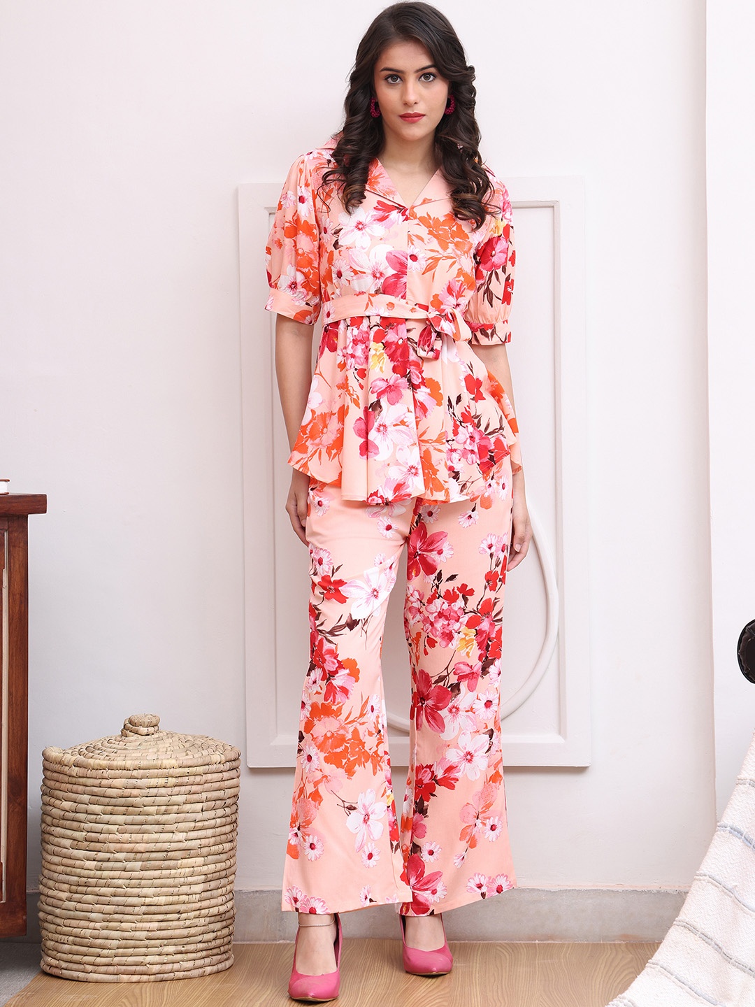 

Claura Printed Notched Lapel Collar Tunic With Trousers Co-Ords, Pink