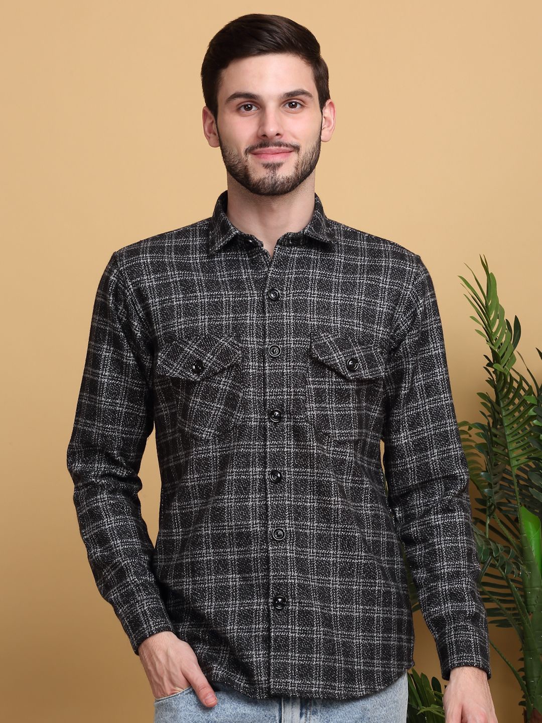 

KLOTTHE Men Spread Collar Tartan Checked Wool Casual Shirt, Black