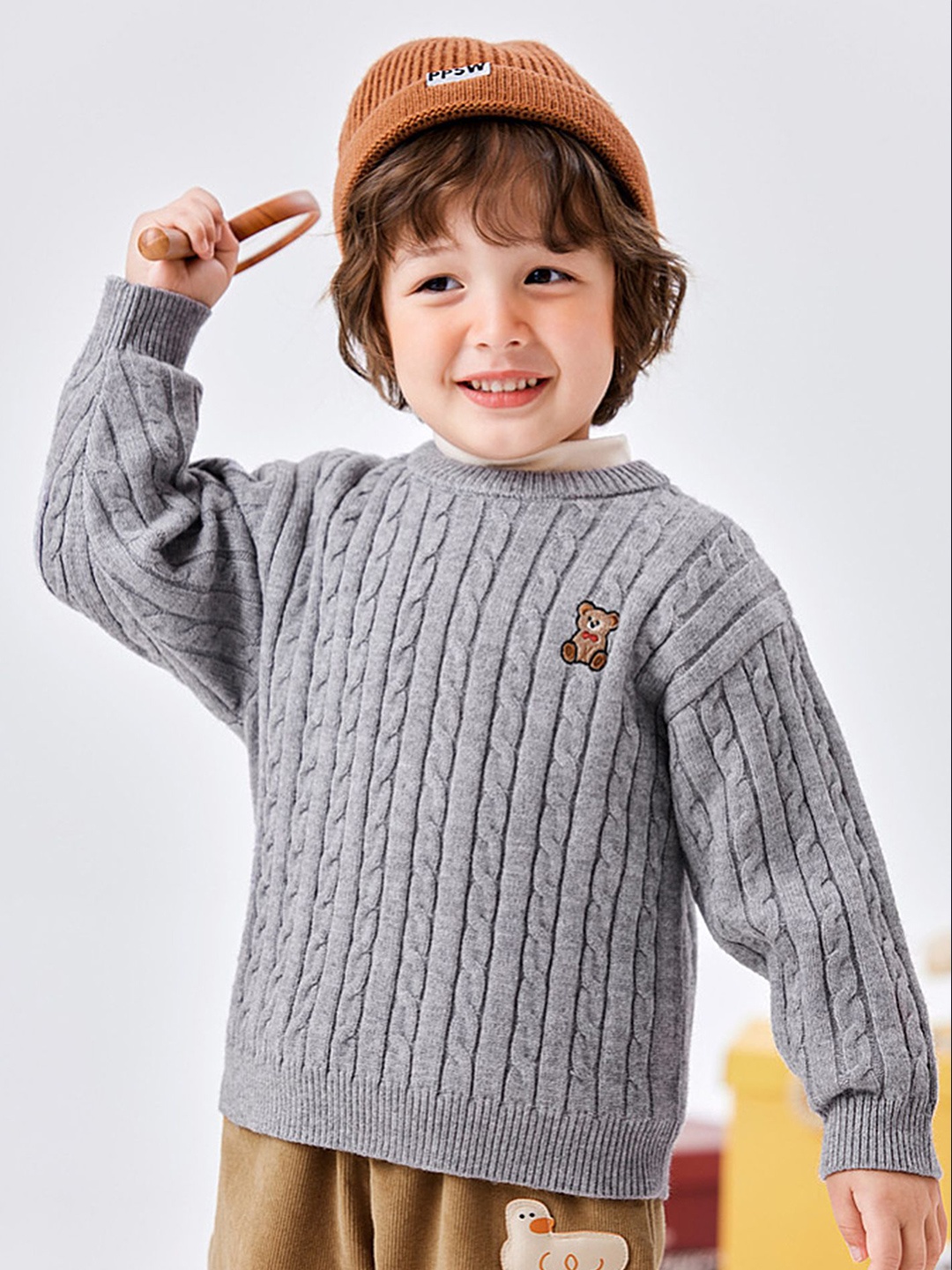 

LULU & SKY Girls Self Design Round Neck Pullover Sweatshirt, Grey
