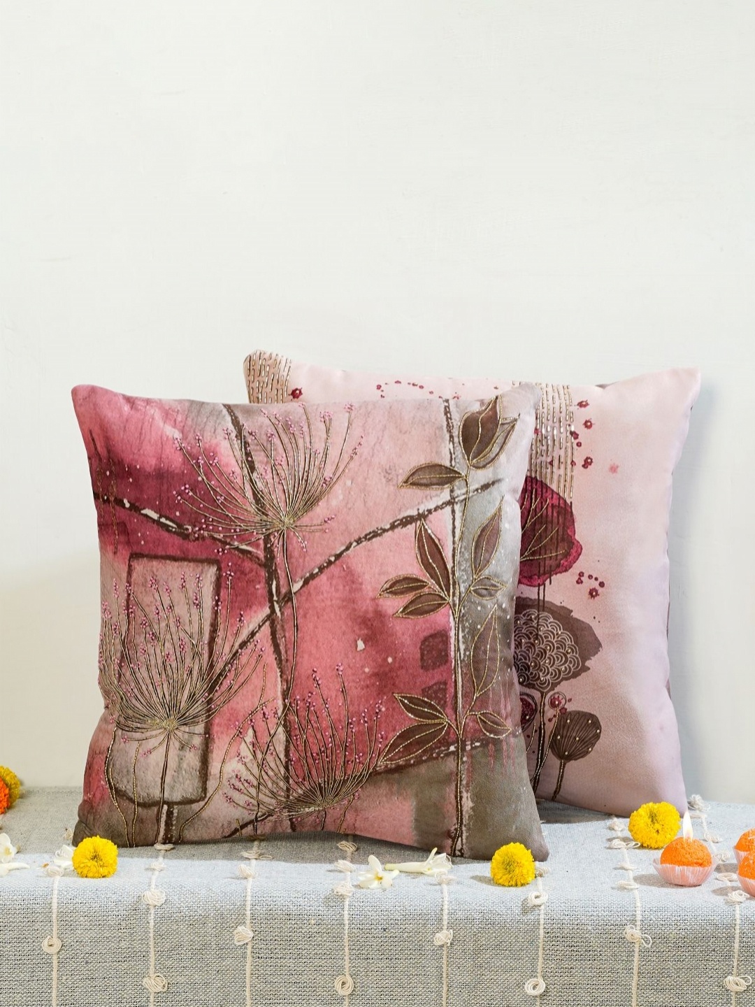 

Mid July Home Pink & Gold-Toned Set of 2 Floral Velvet Square Cushion Covers