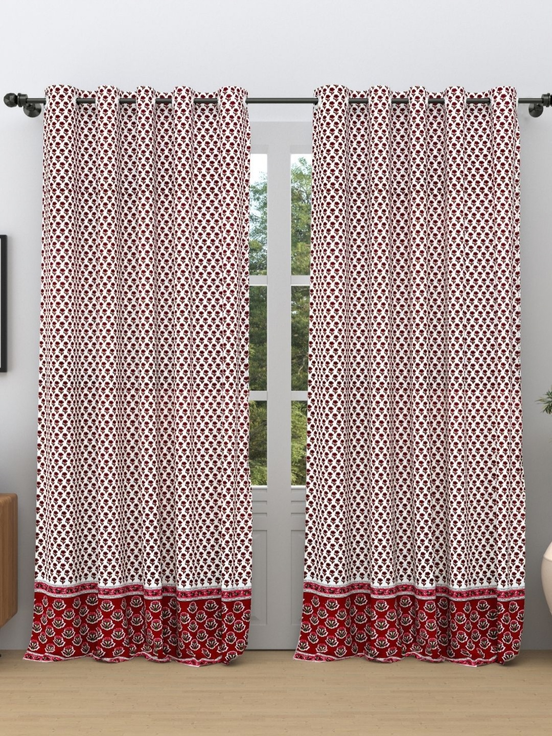 

The Craft Monk White & Maroon 2 Pieces Floral Printed Cotton Door Curtains