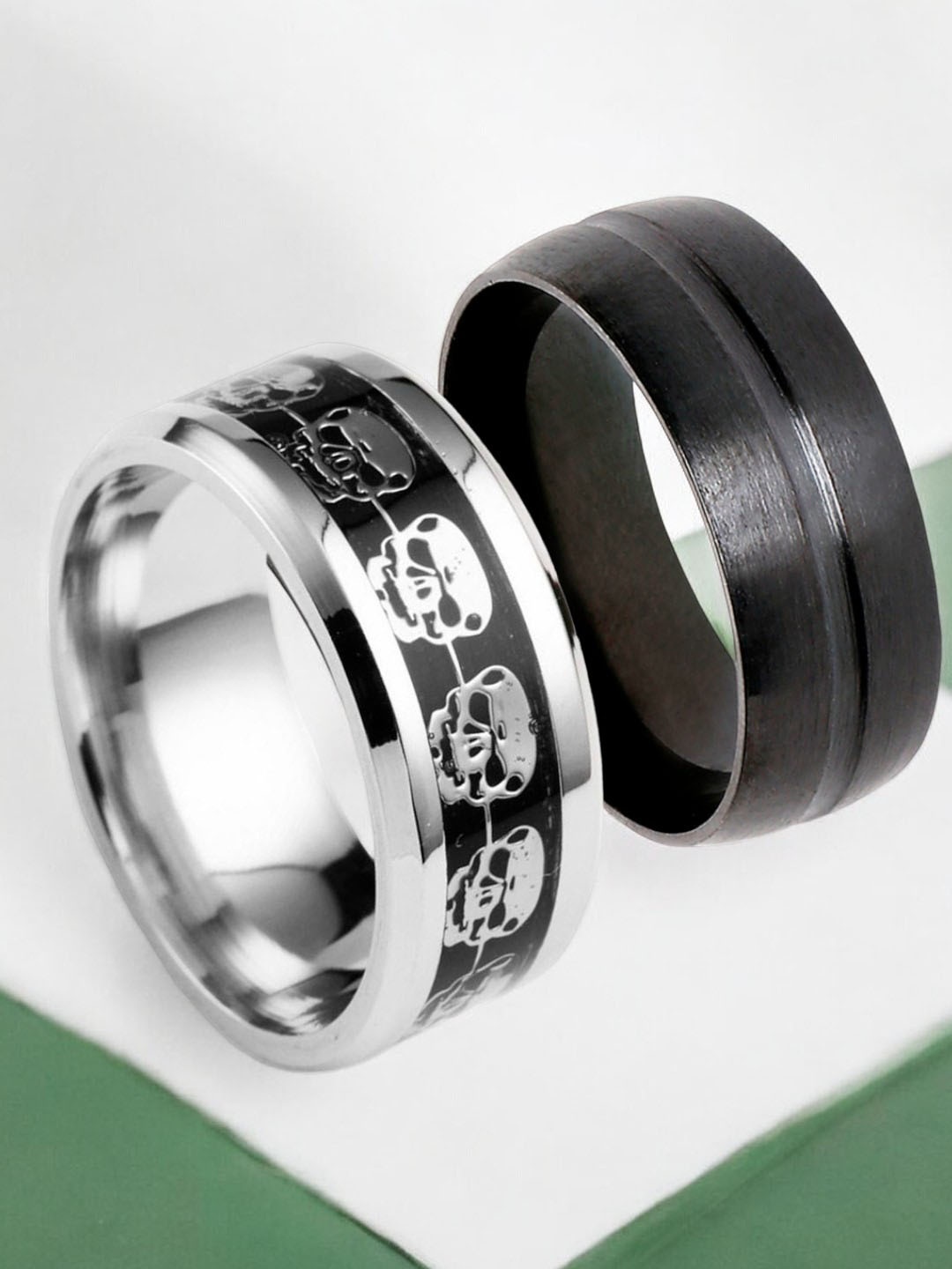 

fabula Men Set Of 2 Punk Skull Broad Finger Rings, Silver