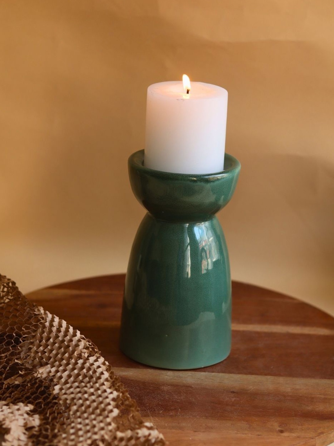

WEAVING HOMES Green Ceramic Pillar Candle Holder