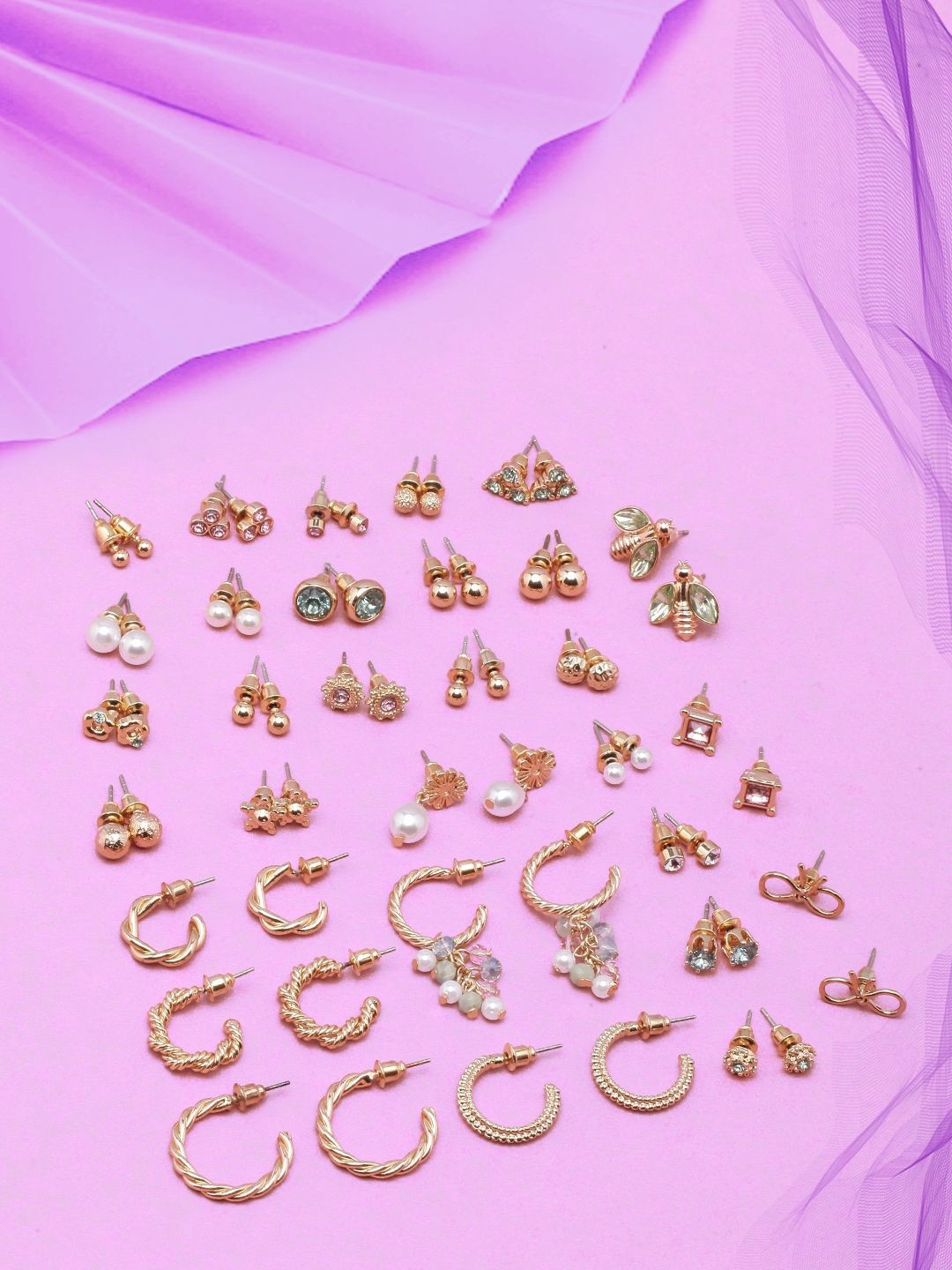 

KPOP Set Of 30 God Plated Rhinestone Studded Contemporary Studs, Gold